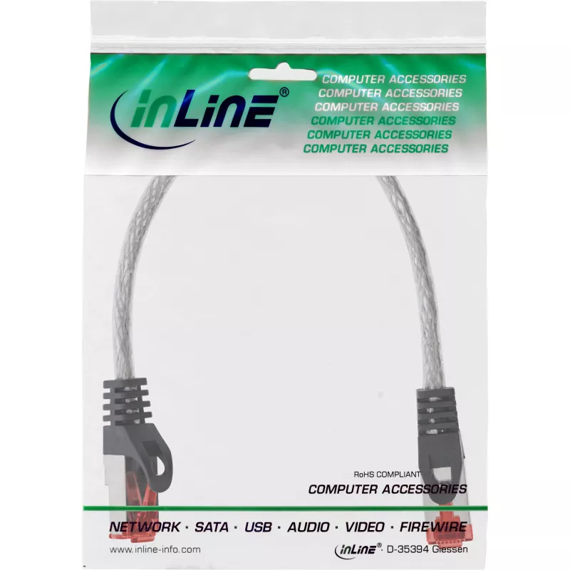 komutācijas kabelis InLine S/FTP PiMF Cat6 250MHz RJ-45–RJ-45 PVC caurspīdīgs 0.25 m
