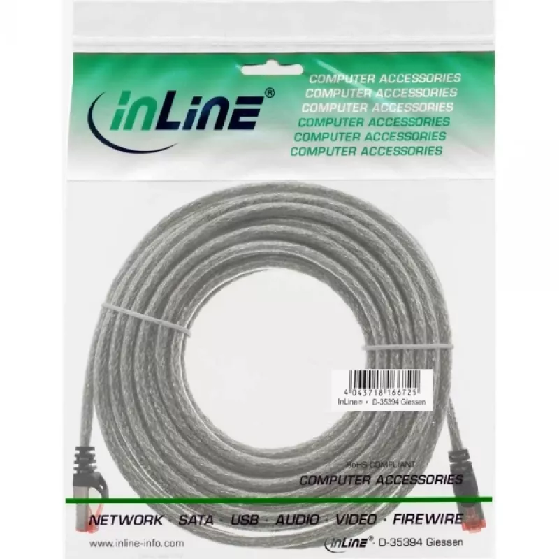 Ethernet komutācijas kabelis InLine Cat6 S/FTP PiMF 250 MHz PVC, RJ-45–RJ-45, varš, caurspīdīgs, 15 m