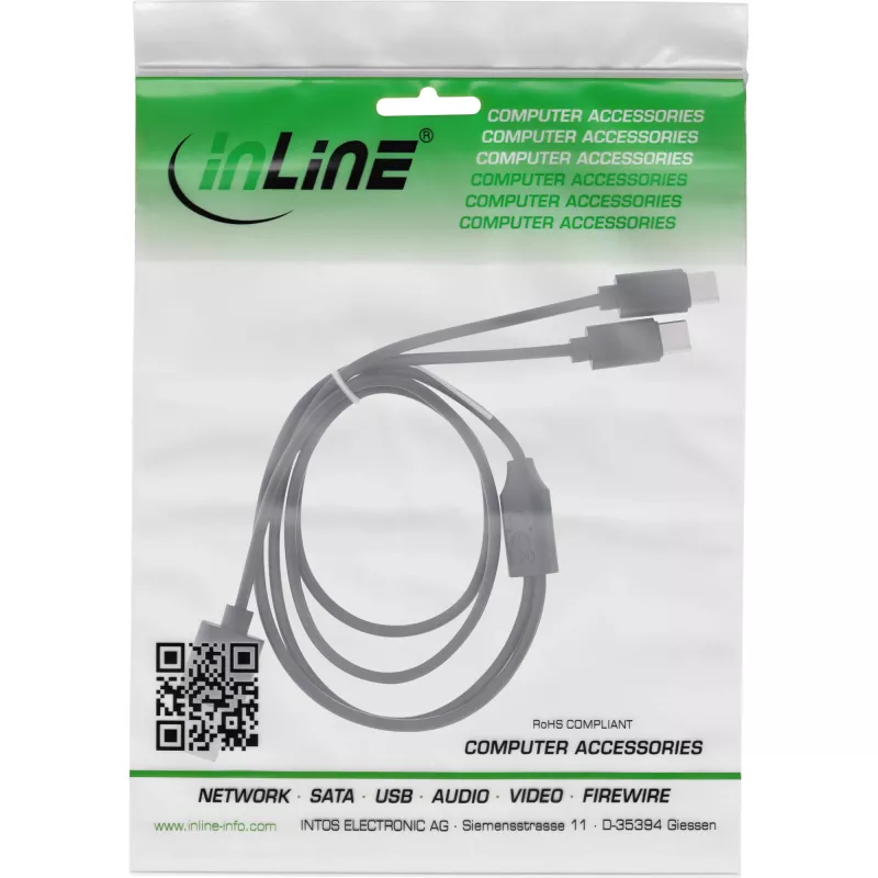 InLine USB 2in1 Y lādēšanas kabelis, 1x USB-A vīrietis uz 2x USB-C vīrietis, melns 0.5m