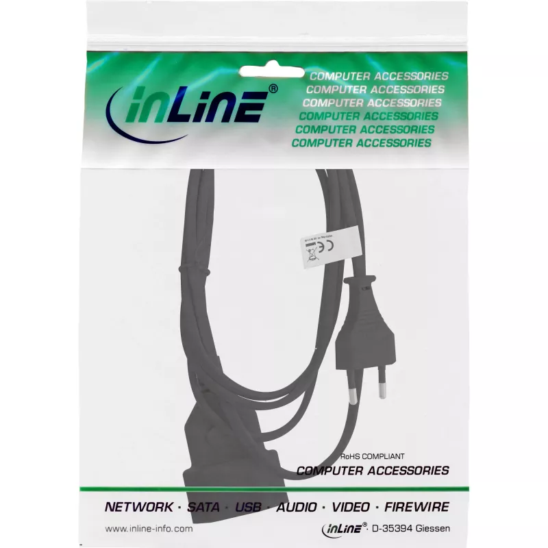 Barošanas kabelis InLine 16681S — H03VVH2-F, CEE7/16 uz CEE7/16, 1 m, 250 V 2,5 A, melns