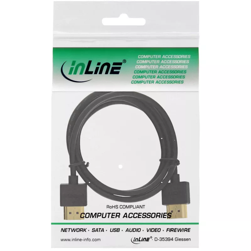 InLine High Speed HDMI kabelis ar Ethernet, AM/AM, super plāns, melns/zelts, 0,5m