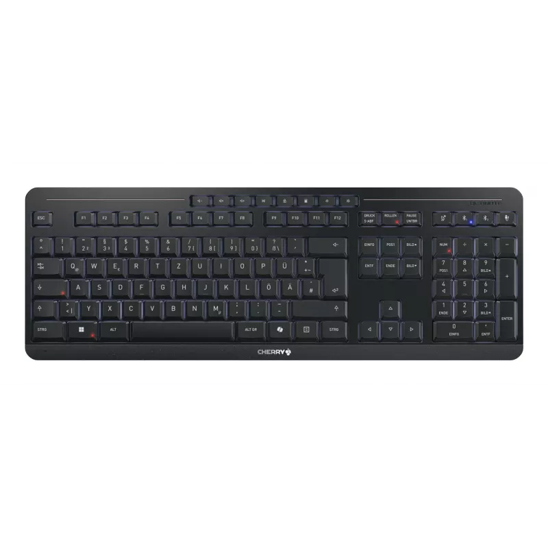 CHERRY Stream galddatoru komplekts, vadu un bezvadu, USB + RF bezvadu + Bluetooth, Šķērveida taustiņu mehānisms, QWERTZ, LED, Melns