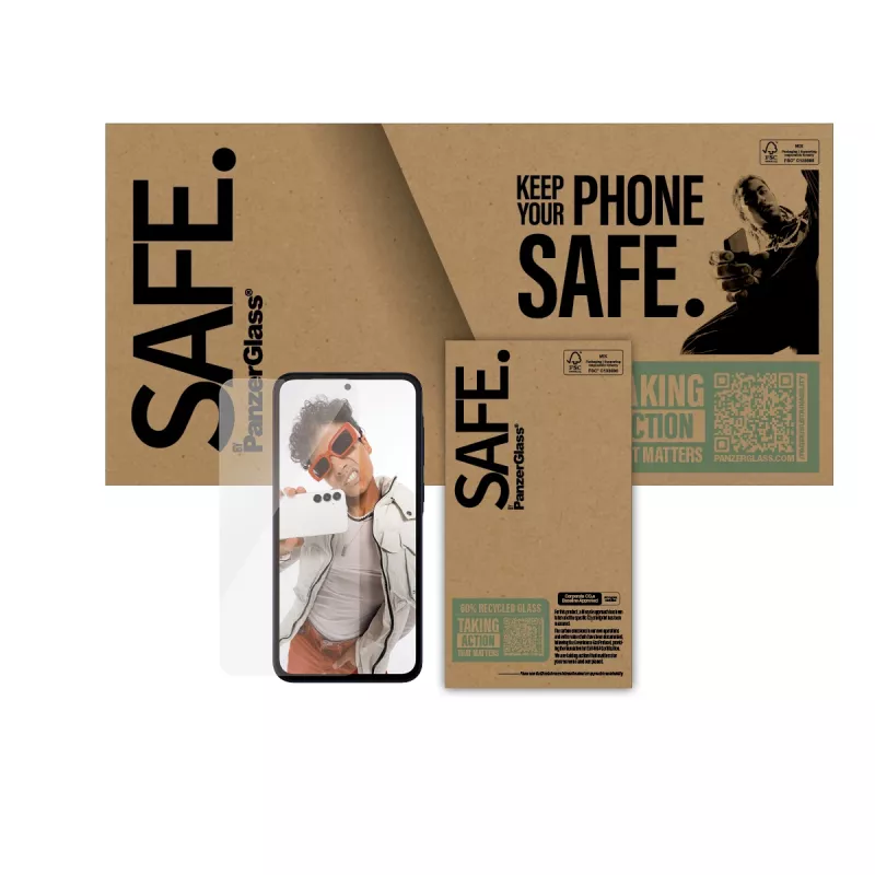 Ekrāna aizsargs PanzerGlass SAFE. Samsung Galaxy A36 5G — rūdītais stikls, PET, silikons, caurspīdīgs, 1 gab., īpaši plata piegulšana