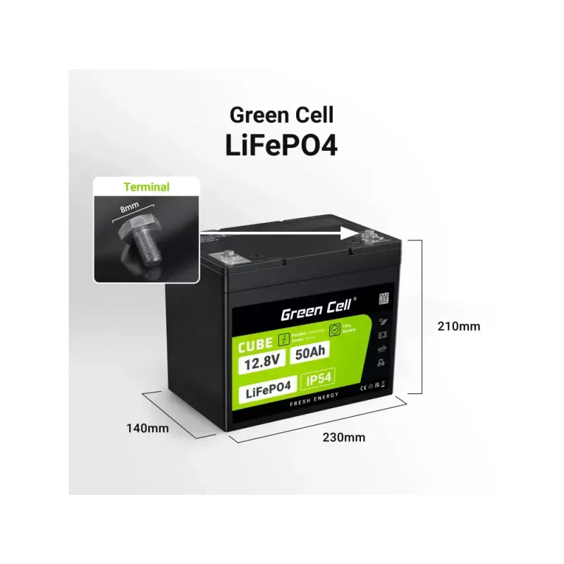 UPS baterija zaļa Cell LFPGC12V50AH litija dzelzs fosfāts 12V 50Ah 640Wh, 75A izlāde