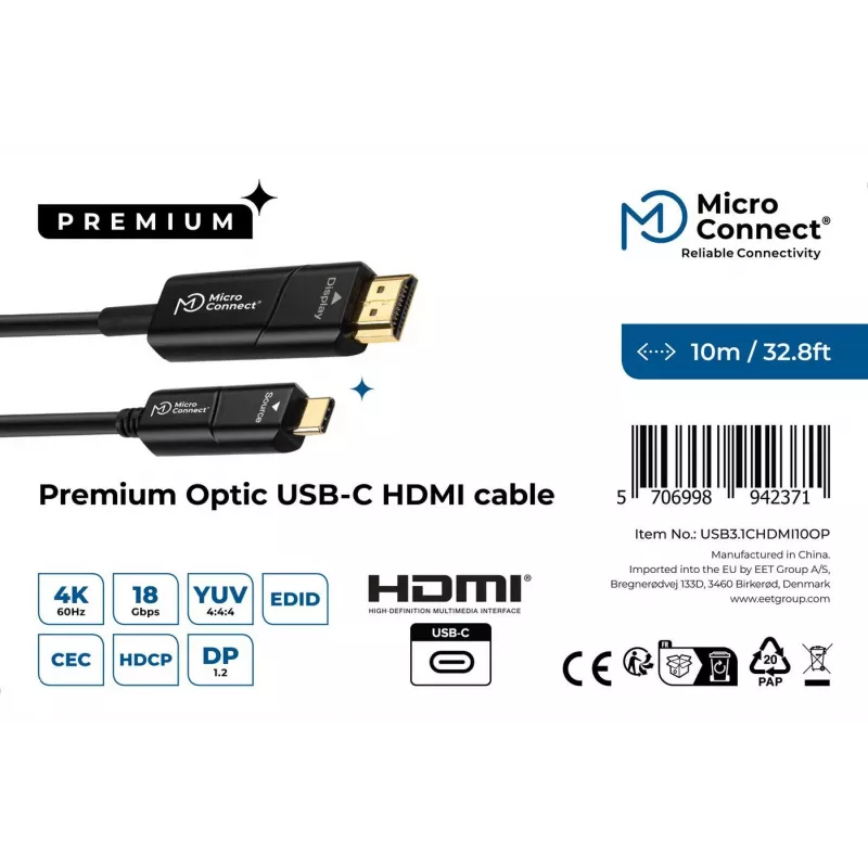 Microconnect USB3.1CHDMI10OP video kabeļa adapteris 10 m USB Type-C HDMI melns