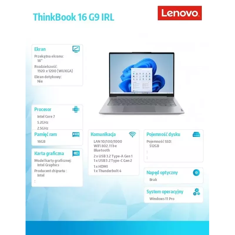 Lenovo ThinkBook 16 G9 21US007PPB, Intel 7 240H, 16,0 collas WUXGA, 16 GB RAM, 512 GB SSD, Windows 11 Pro, Luna pelēka, 3 gadu garantija