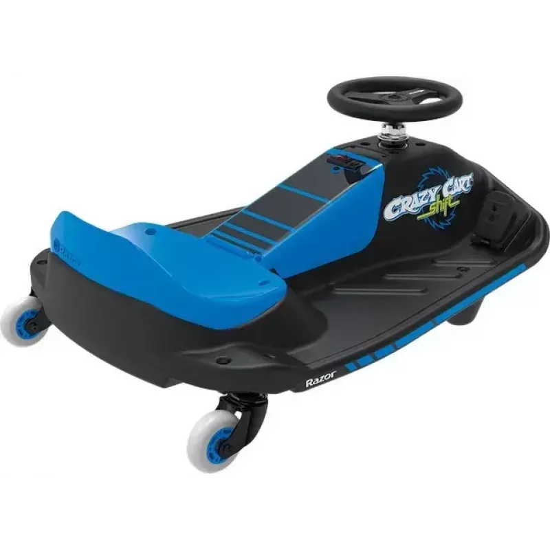 Elektriskais drifta kartings Razor Crazy Cart Shift — zils, 90 W motors, 12 V baterija, līdz 13 km/h, maksimālā lietotāja masa 54 kg