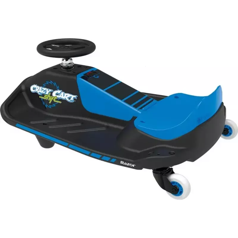 Elektriskais drifta kartings Razor Crazy Cart Shift — zils, 90 W motors, 12 V baterija, līdz 13 km/h, maksimālā lietotāja masa 54 kg