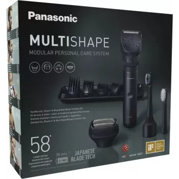 Ceļojumu trimmeris Panasonic X-Shape Travel — zils, iebūvēts litija jonu akumulators, vairāki uzgaļi (bārdai, ķermenim, matiem, folijas skuveklis, zobu birste), 1–30 mm, 196×49×43 mm