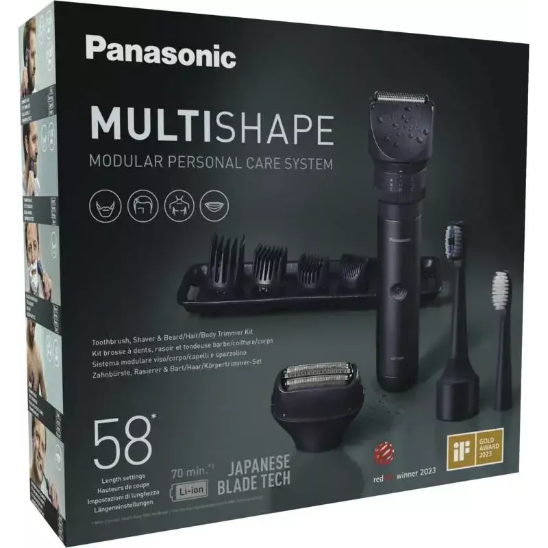 Ceļojumu trimmeris Panasonic X-Shape Travel — zils, iebūvēts litija jonu akumulators, vairāki uzgaļi (bārdai, ķermenim, matiem, folijas skuveklis, zobu birste), 1–30 mm, 196×49×43 mm