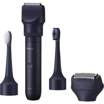 Ceļojumu trimmeris Panasonic X-Shape Travel — zils, iebūvēts litija jonu akumulators, vairāki uzgaļi (bārdai, ķermenim, matiem, folijas skuveklis, zobu birste), 1–30 mm, 196×49×43 mm