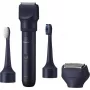 Ceļojumu trimmeris Panasonic X-Shape Travel — zils, iebūvēts litija jonu akumulators, vairāki uzgaļi (bārdai, ķermenim, matiem, folijas skuveklis, zobu birste), 1–30 mm, 196×49×43 mm
