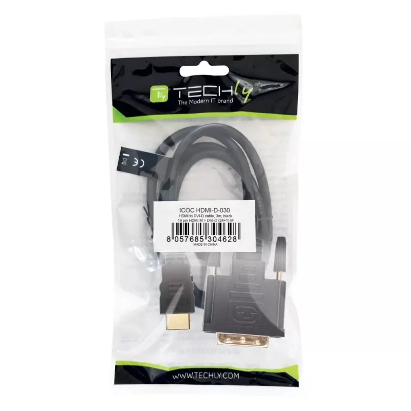 Techly Video kabelis HDMI to DVI-D M / M 3m ICOC HDMI-D-030, 3 m, HDMI, DVI-D, Male, Male, Gold