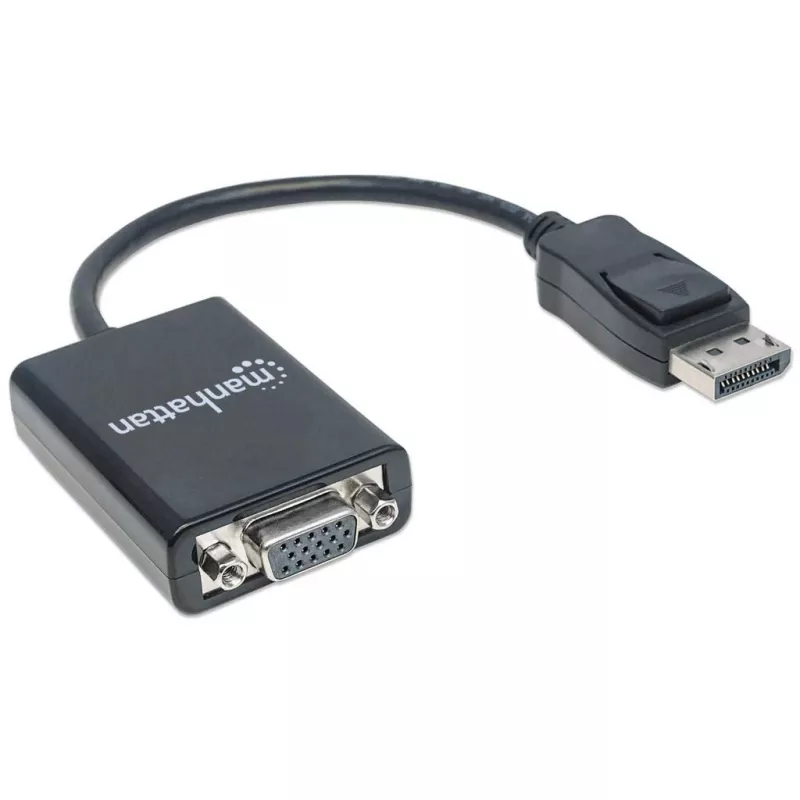 Manhattan DisplayPort–VGA HD15 pārveidotāja kabelis, 15 cm, vīrišķais–sievišķajam, aktīvs, DP ar fiksatoru, melns, mūža garantija, līdzvērtīgs DP2VGA2.