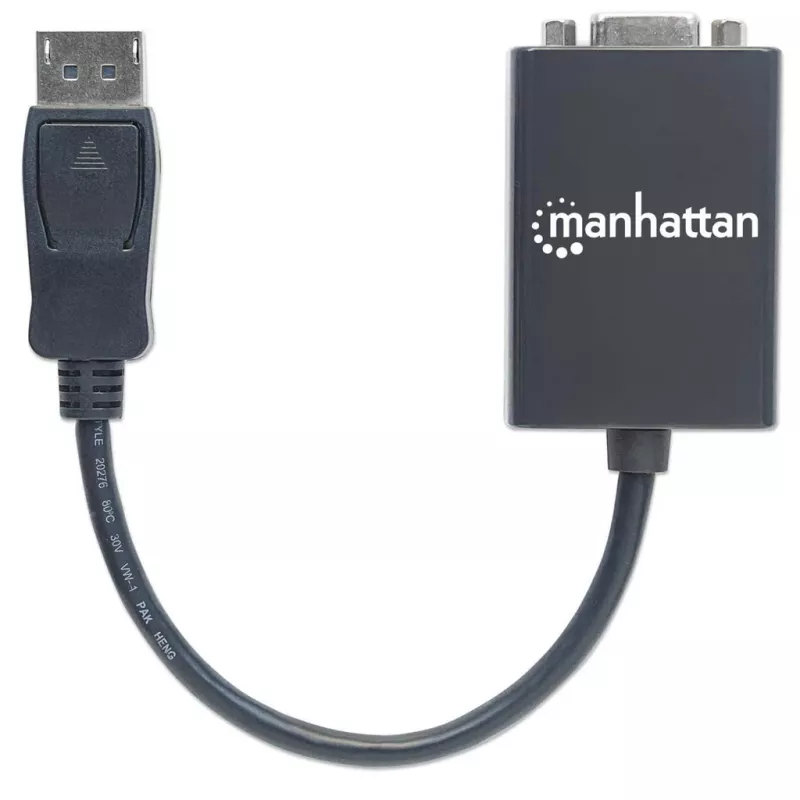 Manhattan DisplayPort–VGA HD15 pārveidotāja kabelis, 15 cm, vīrišķais–sievišķajam, aktīvs, DP ar fiksatoru, melns, mūža garantija, līdzvērtīgs DP2VGA2.