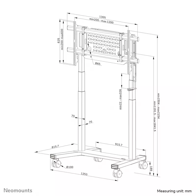 TV ratiņi Neomounts FL55-975BL1 motorizēti 75–115 collu ekrāniem, tērauds, melns, maks. 160 kg, augstums 2154 mm