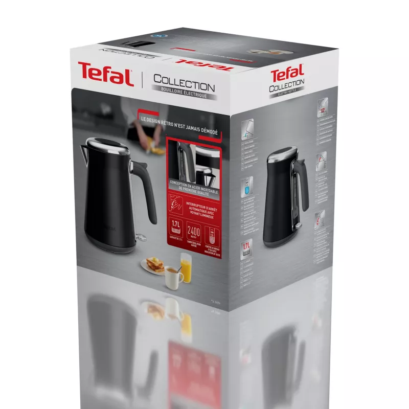Elektriskā tējkanna Tefal KI6668E0 — 1,7 L, 2400 W, nerūsējošā tērauda korpuss, melna