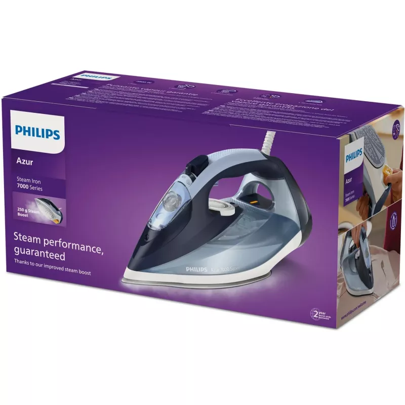 Tvaika gludeklis Philips DST7020/20 — 2800 W, SteamGlide Plus zole, 50 g/min nepārtraukta, 250 g/min palielināta, 0,3 L tvertne, zils