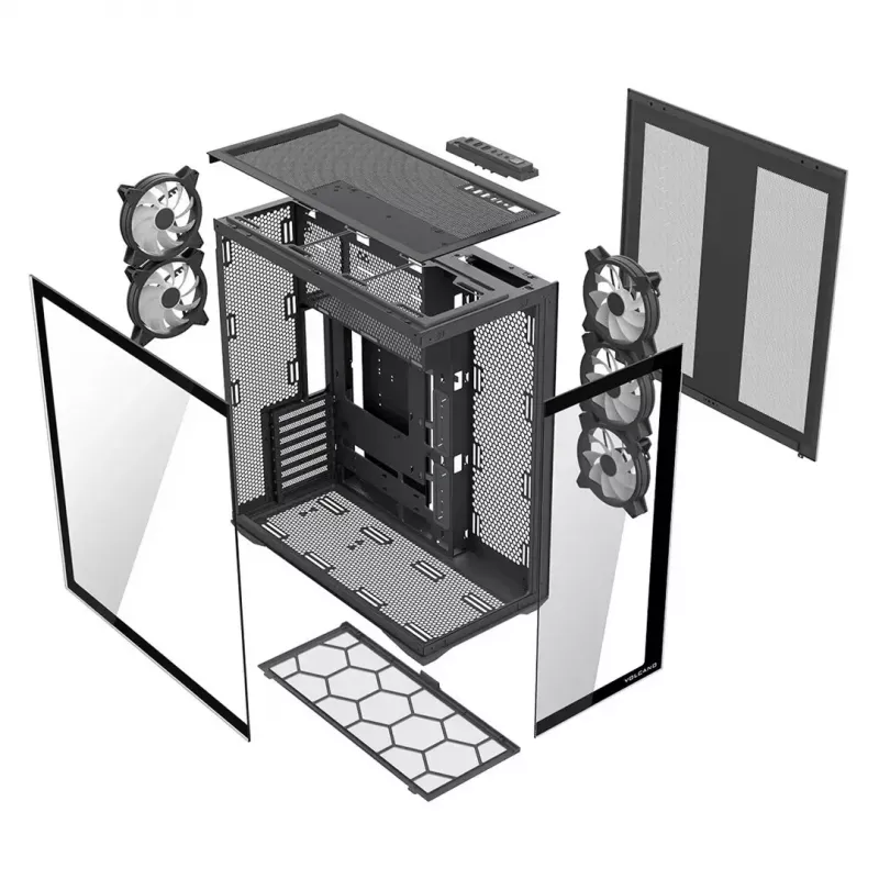 Pilna torņa datora korpuss MODECOM Volcano SPACE XL ARGB — Full Tower, E-ATX atbalsts, rūdīts stikls, ARGB, līdz 440 mm GPU