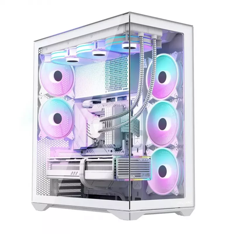 PC pilna torņa korpuss MODECOM Volcano SPACE XL ARGB FULL TOWER 5F Balts — ATX, rūdīts stikls, ARGB, USB-C