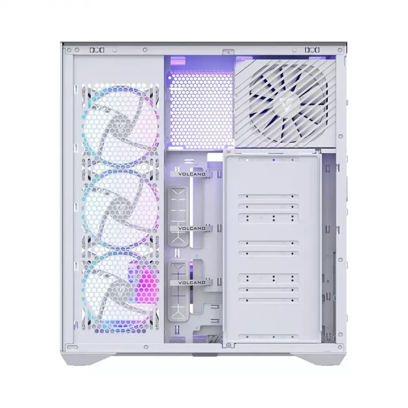 PC pilna torņa korpuss MODECOM Volcano SPACE XL ARGB FULL TOWER 5F Balts — ATX, rūdīts stikls, ARGB, USB-C