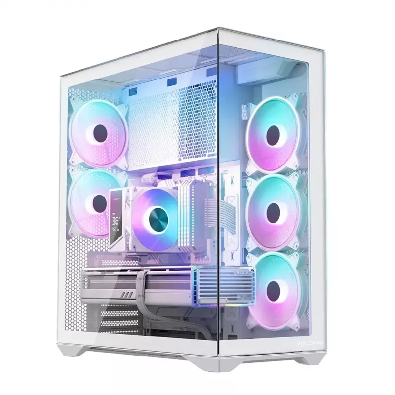 PC pilna torņa korpuss MODECOM Volcano SPACE XL ARGB FULL TOWER 5F Balts — ATX, rūdīts stikls, ARGB, USB-C