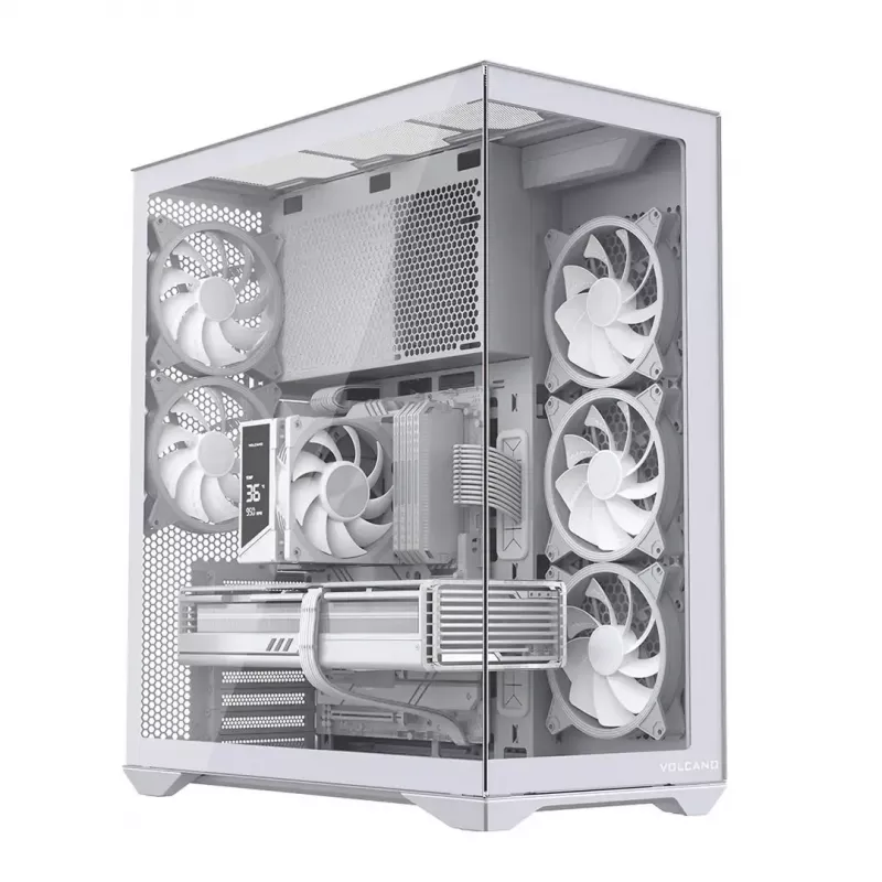 PC pilna torņa korpuss MODECOM Volcano SPACE XL ARGB FULL TOWER 5F Balts — ATX, rūdīts stikls, ARGB, USB-C
