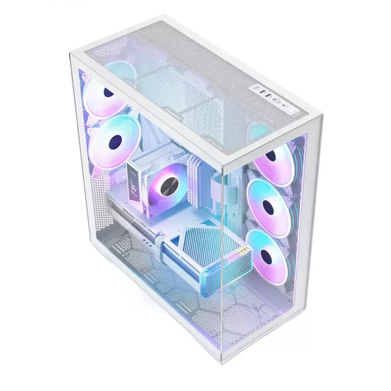 PC pilna torņa korpuss MODECOM Volcano SPACE XL ARGB FULL TOWER 5F Balts — ATX, rūdīts stikls, ARGB, USB-C