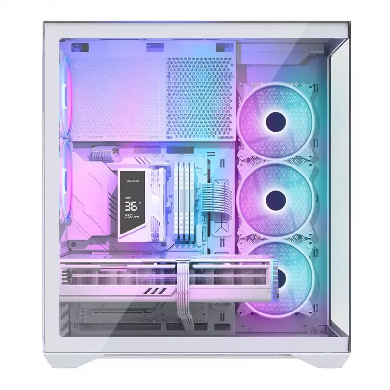 PC pilna torņa korpuss MODECOM Volcano SPACE XL ARGB FULL TOWER 5F Balts — ATX, rūdīts stikls, ARGB, USB-C