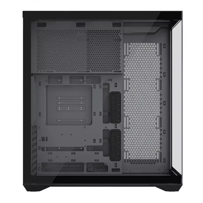 Pilna torņa PC korpuss MODECOM Volcano SPACE XL NF — melns, rūdīts stikls, ARGB, atbalsta micro-ATX, līdz 44 cm GPU, 3×3,5 collu/4×2,5 collu nodalījumi, USB-A 2×, USB-C 1×