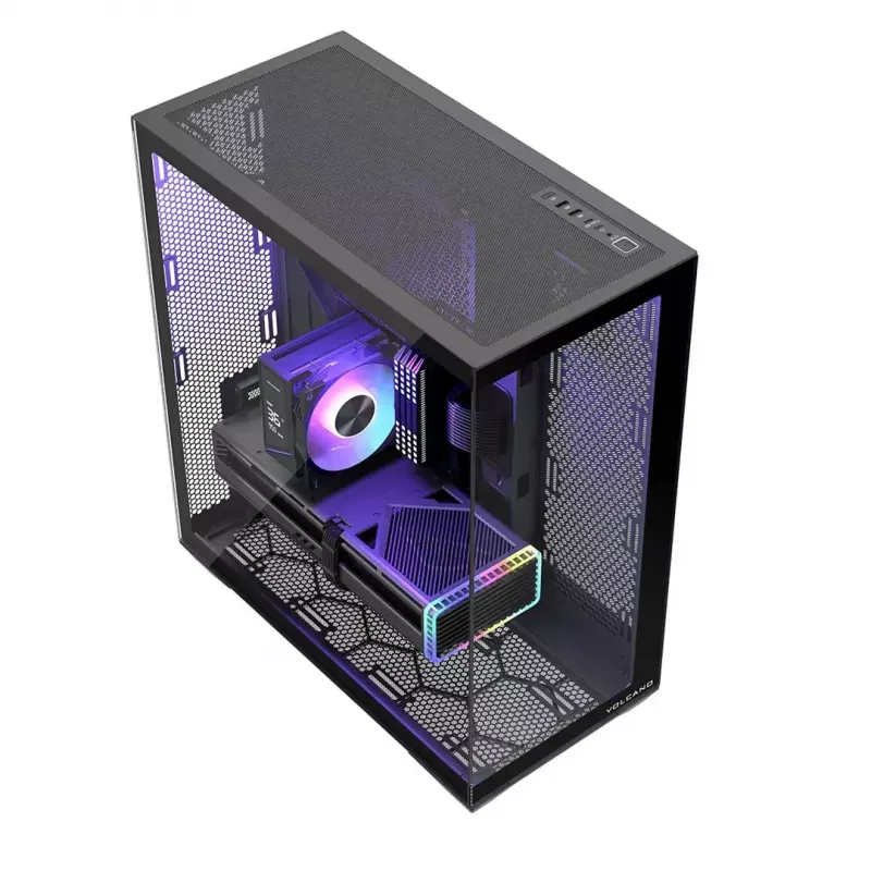 Pilna torņa PC korpuss MODECOM Volcano SPACE XL NF — melns, rūdīts stikls, ARGB, atbalsta micro-ATX, līdz 44 cm GPU, 3×3,5 collu/4×2,5 collu nodalījumi, USB-A 2×, USB-C 1×