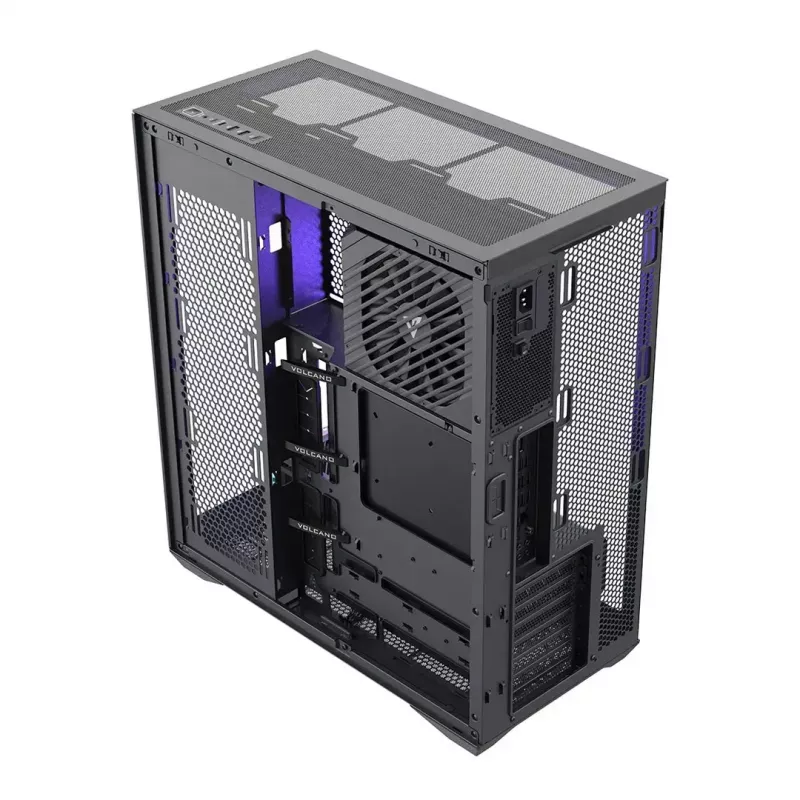 Pilna torņa PC korpuss MODECOM Volcano SPACE XL NF — melns, rūdīts stikls, ARGB, atbalsta micro-ATX, līdz 44 cm GPU, 3×3,5 collu/4×2,5 collu nodalījumi, USB-A 2×, USB-C 1×