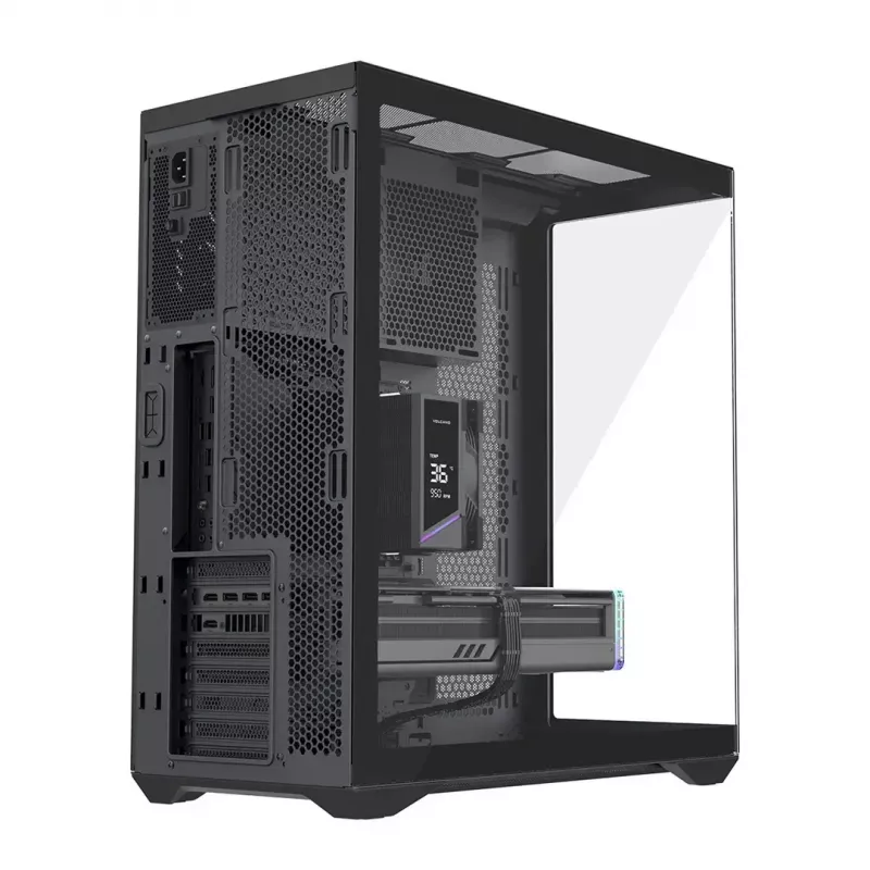 Pilna torņa PC korpuss MODECOM Volcano SPACE XL NF — melns, rūdīts stikls, ARGB, atbalsta micro-ATX, līdz 44 cm GPU, 3×3,5 collu/4×2,5 collu nodalījumi, USB-A 2×, USB-C 1×