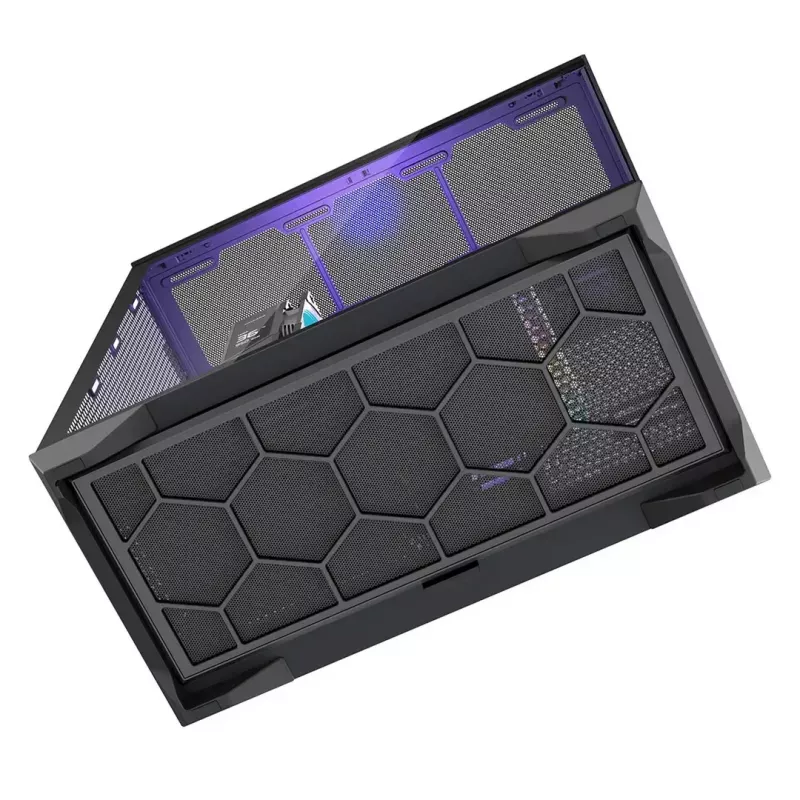 Pilna torņa PC korpuss MODECOM Volcano SPACE XL NF — melns, rūdīts stikls, ARGB, atbalsta micro-ATX, līdz 44 cm GPU, 3×3,5 collu/4×2,5 collu nodalījumi, USB-A 2×, USB-C 1×