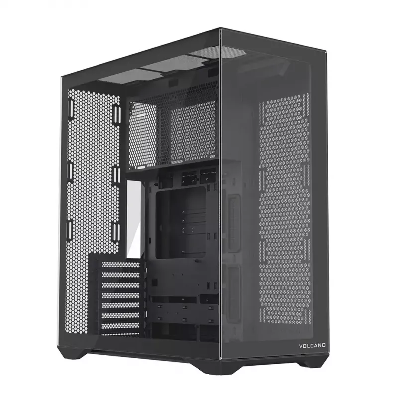 Pilna torņa PC korpuss MODECOM Volcano SPACE XL NF — melns, rūdīts stikls, ARGB, atbalsta micro-ATX, līdz 44 cm GPU, 3×3,5 collu/4×2,5 collu nodalījumi, USB-A 2×, USB-C 1×