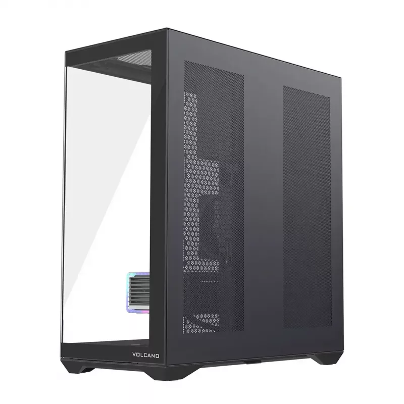 Pilna torņa PC korpuss MODECOM Volcano SPACE XL NF — melns, rūdīts stikls, ARGB, atbalsta micro-ATX, līdz 44 cm GPU, 3×3,5 collu/4×2,5 collu nodalījumi, USB-A 2×, USB-C 1×
