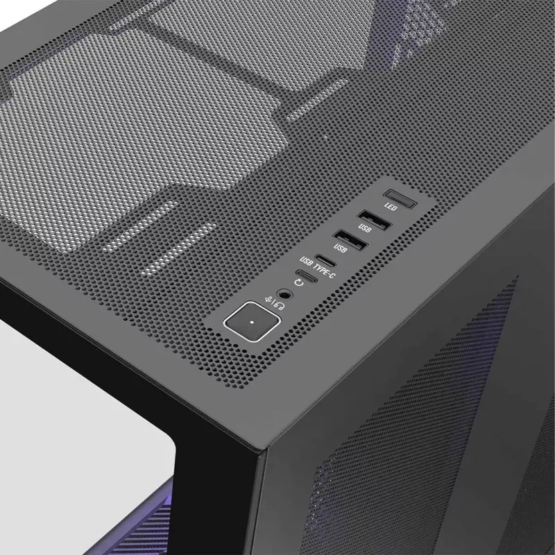 Pilna torņa PC korpuss MODECOM Volcano SPACE XL NF — melns, rūdīts stikls, ARGB, atbalsta micro-ATX, līdz 44 cm GPU, 3×3,5 collu/4×2,5 collu nodalījumi, USB-A 2×, USB-C 1×
