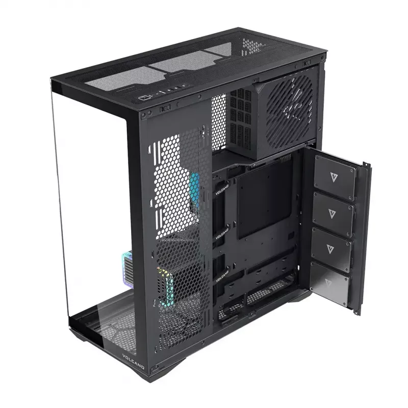 Pilna torņa PC korpuss MODECOM Volcano SPACE XL NF — melns, rūdīts stikls, ARGB, atbalsta micro-ATX, līdz 44 cm GPU, 3×3,5 collu/4×2,5 collu nodalījumi, USB-A 2×, USB-C 1×