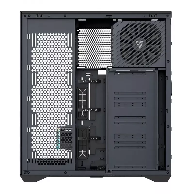 Pilna torņa PC korpuss MODECOM Volcano SPACE XL NF — melns, rūdīts stikls, ARGB, atbalsta micro-ATX, līdz 44 cm GPU, 3×3,5 collu/4×2,5 collu nodalījumi, USB-A 2×, USB-C 1×