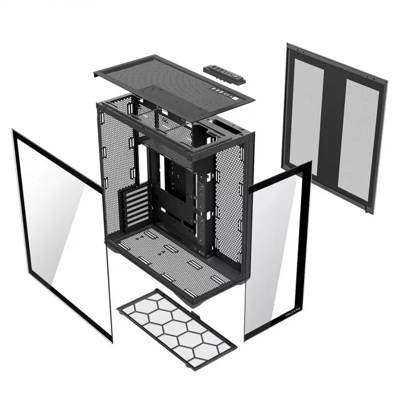 Pilna torņa PC korpuss MODECOM Volcano SPACE XL NF — melns, rūdīts stikls, ARGB, atbalsta micro-ATX, līdz 44 cm GPU, 3×3,5 collu/4×2,5 collu nodalījumi, USB-A 2×, USB-C 1×