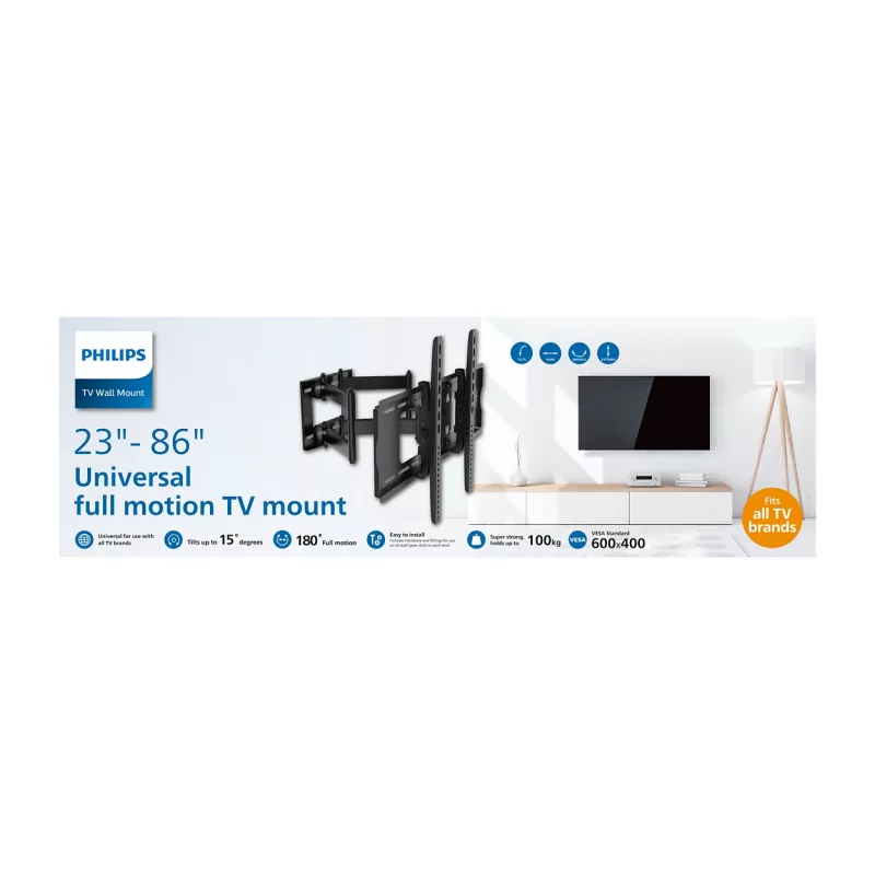 TV grīdas statīvs Philips SQM9640/00 58,4 cm–2,18 m (23 collas–86 collas), līdz 55 kg, VESA 200x100–600x400, slīpums ±15°, pagrieziens 180° — melns