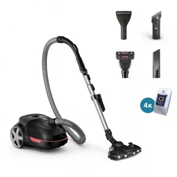 Cilindra putekļsūcējs Philips XD6142/12 — 900 W, 4 L putekļu maiss, HEPA filtrs, melns