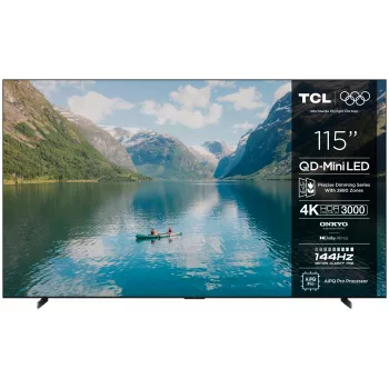 115 collu TCL 115C7K 4K Ultra HD QD‑Mini LED viedtelevizors, 3840×2160, 3000 cd/m², PPI 4600, Wi‑Fi, Ethernet, DVB