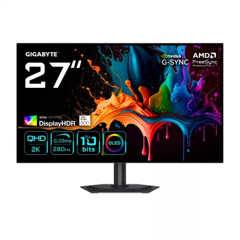 GIGABYTE MO27Q28G 27 collu OLED QHD spēļu monitors - 2560 x 1440, 280Hz, 0,03ms, 335 cd/m², Display HDR True Melns 500, HDMI 2.1, Displayport 1.4