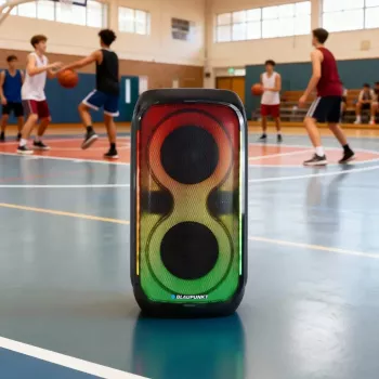 Skaļruņu sistēma BLAUPUNKT PB60X — 120W RMS, Bluetooth A2DP, FM, LED displejs, 7000mAh baterija, 18h, AUX, tālvadības pults, 568×322×321 mm