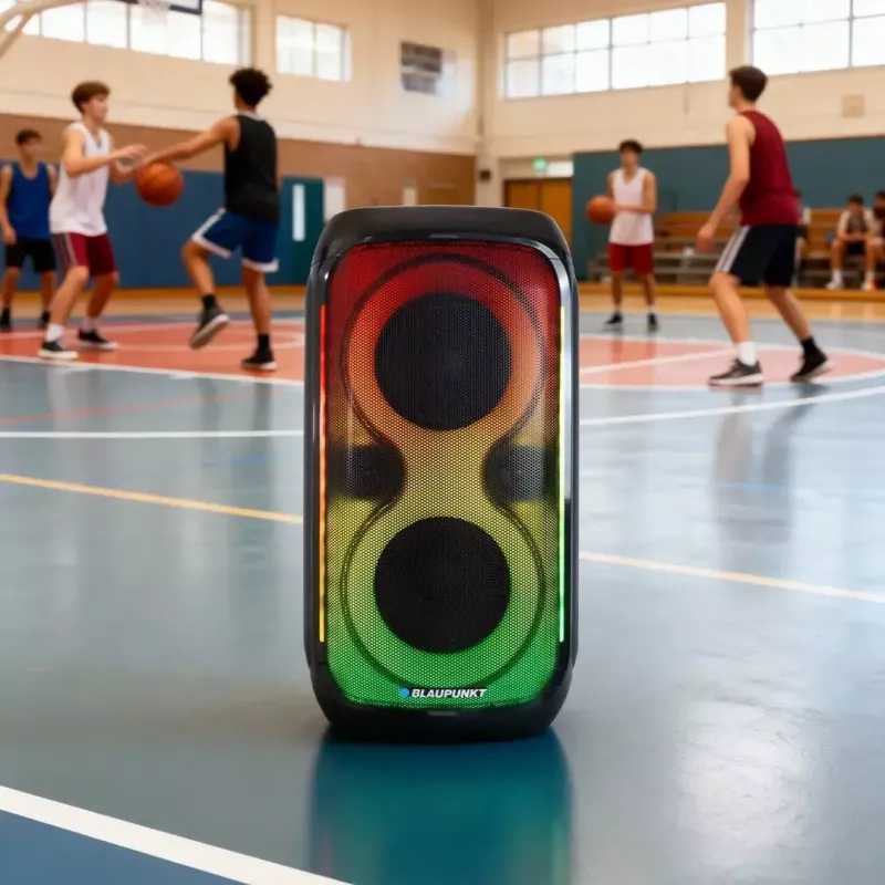 Skaļruņu sistēma BLAUPUNKT PB60X — 120W RMS, Bluetooth A2DP, FM, LED displejs, 7000mAh baterija, 18h, AUX, tālvadības pults, 568×322×321 mm