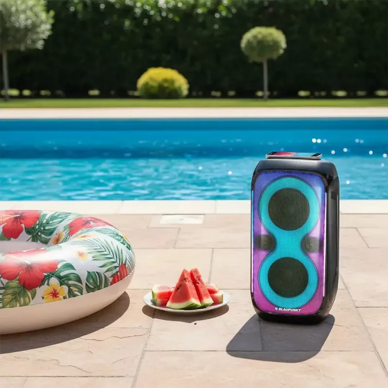 Skaļruņu sistēma BLAUPUNKT PB60X — 120W RMS, Bluetooth A2DP, FM, LED displejs, 7000mAh baterija, 18h, AUX, tālvadības pults, 568×322×321 mm