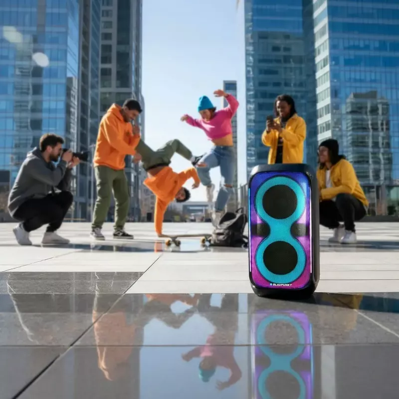 Skaļruņu sistēma BLAUPUNKT PB60X — 120W RMS, Bluetooth A2DP, FM, LED displejs, 7000mAh baterija, 18h, AUX, tālvadības pults, 568×322×321 mm