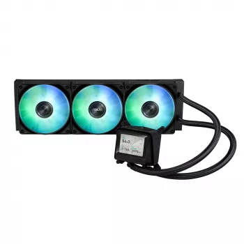 Universāls šķidruma dzesētājs ASUS MAX GAMING LC 360 ARGB LCD — 360 mm radiators, 120 mm ventilatori, atbalsta AM4/AM5/LGA1700, melns