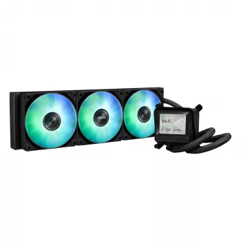 Universāls šķidruma dzesētājs ASUS MAX GAMING LC 360 ARGB LCD — 360 mm radiators, 120 mm ventilatori, atbalsta AM4/AM5/LGA1700, melns